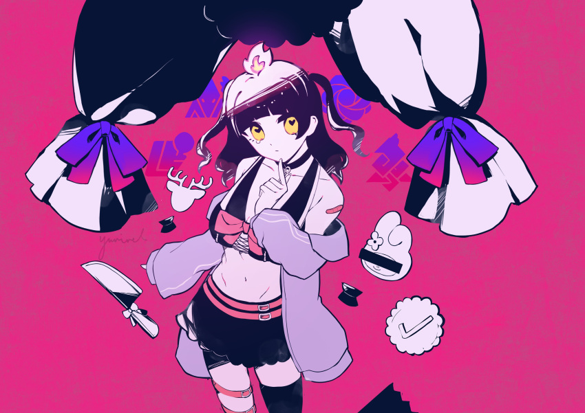 1girl absurdres belt black_skirt bow breasts censored cleavage collarbone fire heart heart-shaped_pupils highres hikasa_tomoshika identity_censor jacket knife large_breasts limited_palette my_melody off_shoulder official_alternate_costume onegai_my_melody pink_background pink_belt pink_bow purple_bow purple_jacket single_thighhigh skirt solo symbol-shaped_pupils thigh_strap thighhighs twitter_verified_checkmark virtual_youtuber voms yurirel
