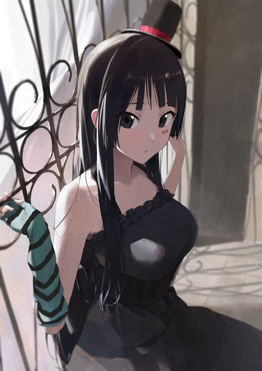 1girl absurdres akiyama_mio bangs bare_shoulders black_dress black_eyes black_hair black_headwear blunt_bangs blush breasts commentary don't_say_"lazy" dress elbow_gloves fingerless_gloves gloves hat highres hime_cut k-on! large_breasts logknn long_hair looking_at_viewer mini_hat mini_top_hat multicolored_clothes multicolored_gloves shadow sidelocks solo striped striped_gloves top_hat