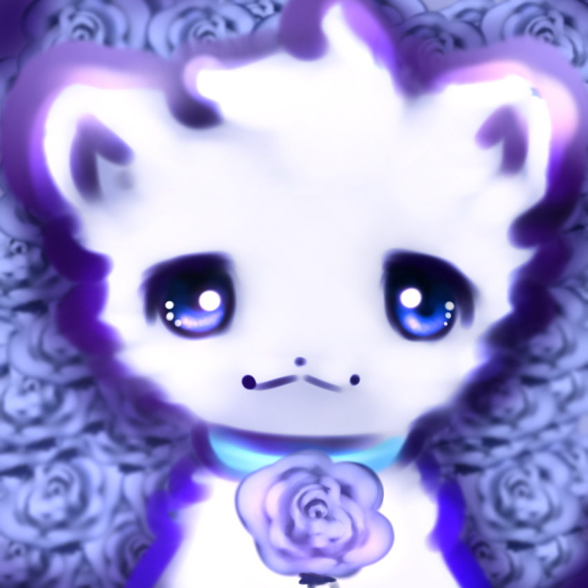arctic_fox blue_eyes blue_sclera canid canine collar flower fluffy fluffy_tail fox fur hi_res looking_at_viewer mammal plant rose_(flower) smile snoii_(snoiifoxxo) snoiifoxxo solo tuft white_body white_fur