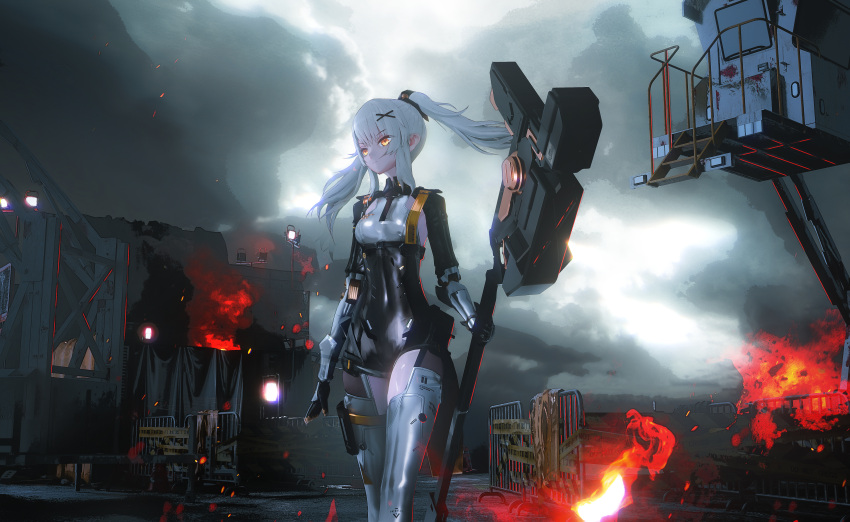 1girl absurdres bangs breasts caution_tape chinese_commentary cloud cloudy_sky commentary_request concrete feet_out_of_frame fire grey_background hair_ornament high_collar highres holding holding_weapon karenina_(punishing:_gray_raven) long_hair mecha_musume open_hand orange_eyes original ponytail punishing:_gray_raven railing seymour skin_tight sky small_breasts solo spotlight stairs tarpaulin thighhighs thighs walking weapon weapon_request white_hair white_legwear white_sky window x_hair_ornament