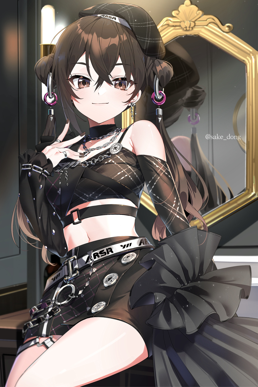 1girl bangs banned_artist bare_shoulders beret black_choker black_shirt black_skirt blush brown_eyes brown_hair choker closed_mouth crop_top crossed_bangs double_bun earrings hair_between_eyes hair_bun hat highres idolmaster idolmaster_cinderella_girls indoors jewelry long_hair looking_at_viewer midriff miniskirt mirror mirror_image mole mole_under_eye navel necklace sake_dong shirt sitting skirt smile solo sunazuka_akira thighs twitter_username very_long_hair watermark