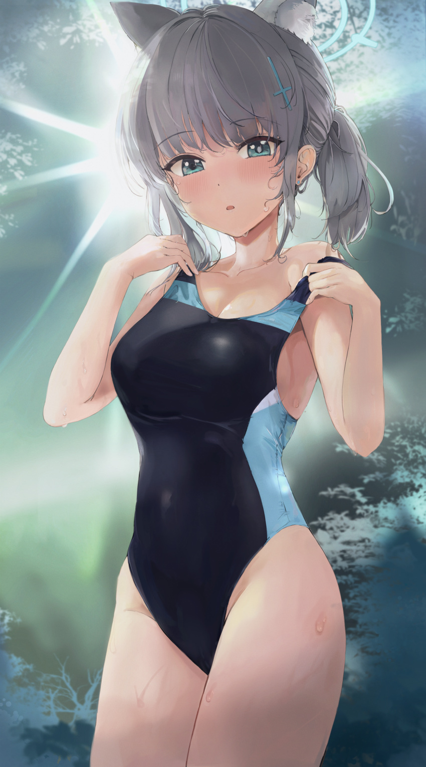 1girl absurdres animal_ear_fluff animal_ears bangs black_swimsuit blue_archive blue_eyes breasts cloud competition_swimsuit cowboy_shot cross_hair_ornament damu_(dapeach) extra_ears grey_hair grey_sky hair_ornament halo highres looking_at_viewer medium_breasts medium_hair mismatched_pupils multicolored_clothes multicolored_swimsuit one-piece_swimsuit shiroko_(blue_archive) shiroko_(swimsuit)_(blue_archive) solo sun swimsuit