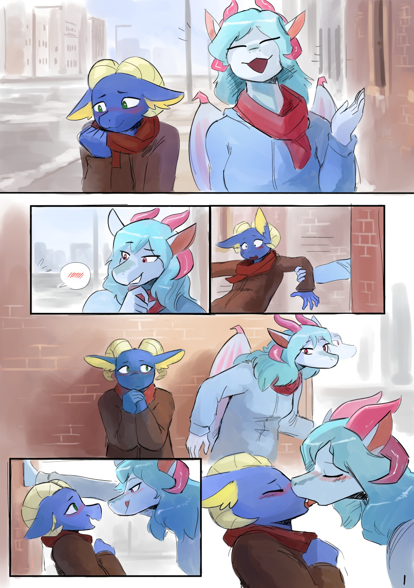 absurd_res alley anthro building city clothed clothing comic dragon duo female female/female french_kissing hair hand_on_wall hi_res horn kissing outside scarf size_difference street the-minuscule-task tongue