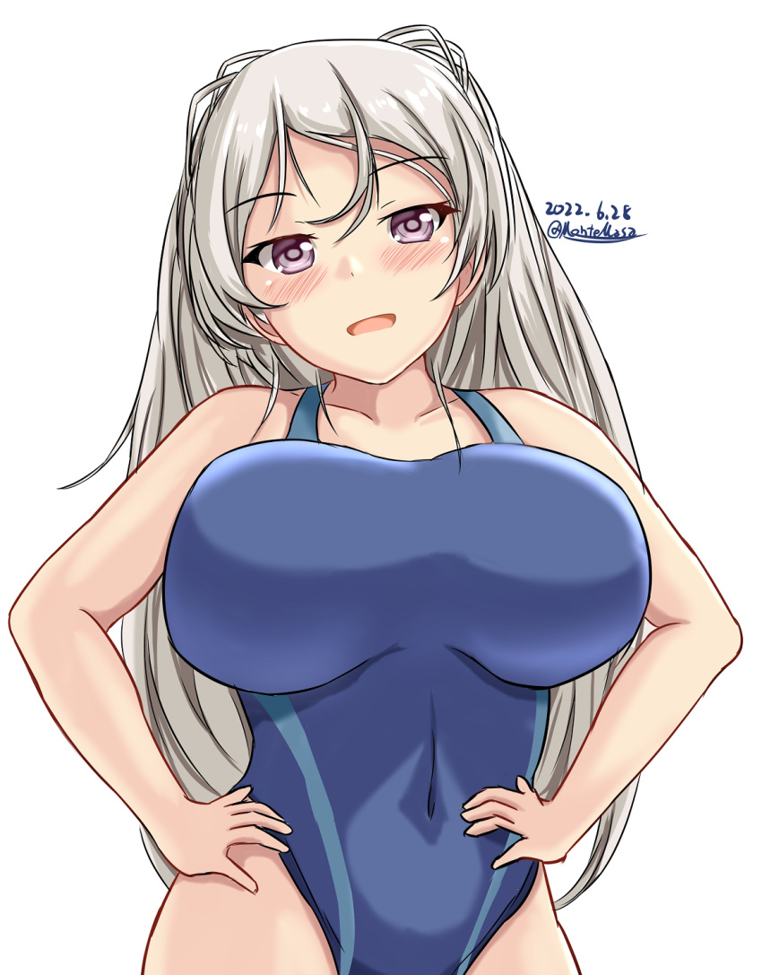 1girl blue_swimsuit breasts brown_eyes competition_swimsuit conte_di_cavour_(kancolle) covered_navel dated grey_hair hands_on_hips highleg highleg_swimsuit highres impossible_clothes impossible_swimsuit kantai_collection large_breasts long_hair montemasa one-piece_swimsuit open_mouth simple_background smile solo swimsuit twitter_username two-tone_swimsuit two_side_up white_background