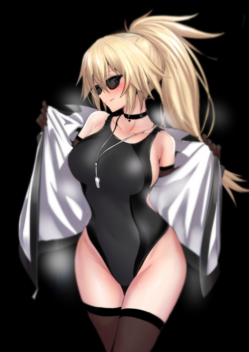 1girl bangs bare_shoulders black-framed_eyewear black_background black_swimsuit blonde_hair blue_eyes breasts choker collarbone competition_swimsuit covered_navel fate/grand_order fate_(series) glasses hair_between_eyes highres hip_focus jacket jeanne_d'arc_(fate)_(all) jeanne_d'arc_(swimsuit_archer) large_breasts long_hair looking_at_viewer looking_to_the_side one-piece_swimsuit open_clothes open_jacket simple_background smile solo sunglasses swimsuit thighs ulrich_(tagaragakuin) whistle white_jacket zipper