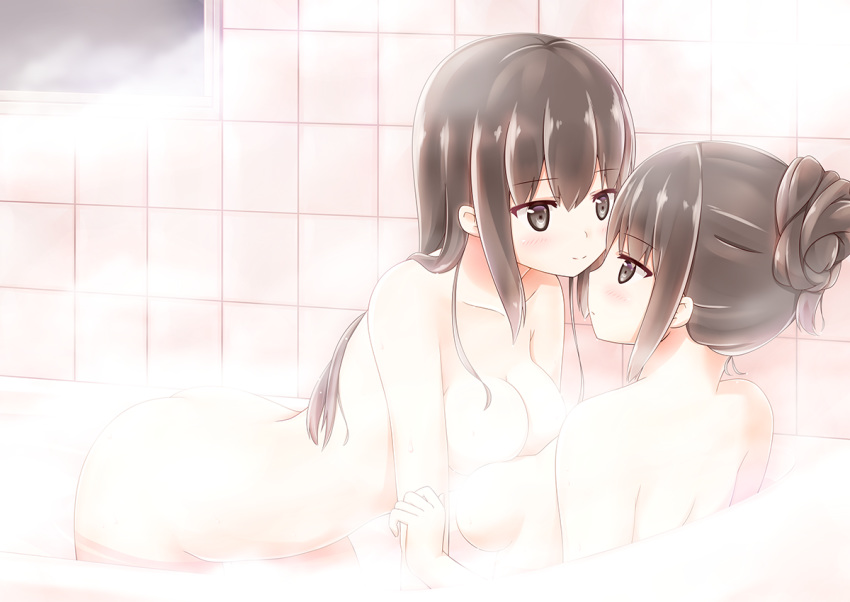 2girls arched_back ass bangs bathing bathroom bathtub breasts brown_eyes brown_hair commentary_request convenient_censoring eye_contact eyebrows_visible_through_hair hair_bun kamakama_(kdmorh_kamakama) light_blush long_hair looking_at_another medium_breasts multiple_girls nude original steam steam_censor tile_wall tiles yuri