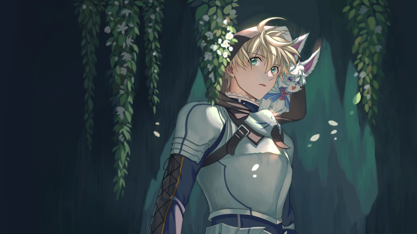 1boy animal animal_on_shoulder armor arthur_pendragon_(fate) bangs blonde_hair breastplate eyebrows_visible_through_hair fate/grand_order fate/prototype fate_(series) flower fou_(fate/grand_order) green_eyes hair_between_eyes highres hood hood_up lalatia-meai looking_to_the_side male_focus parted_lips pauldrons petals plant vines white_flower wind