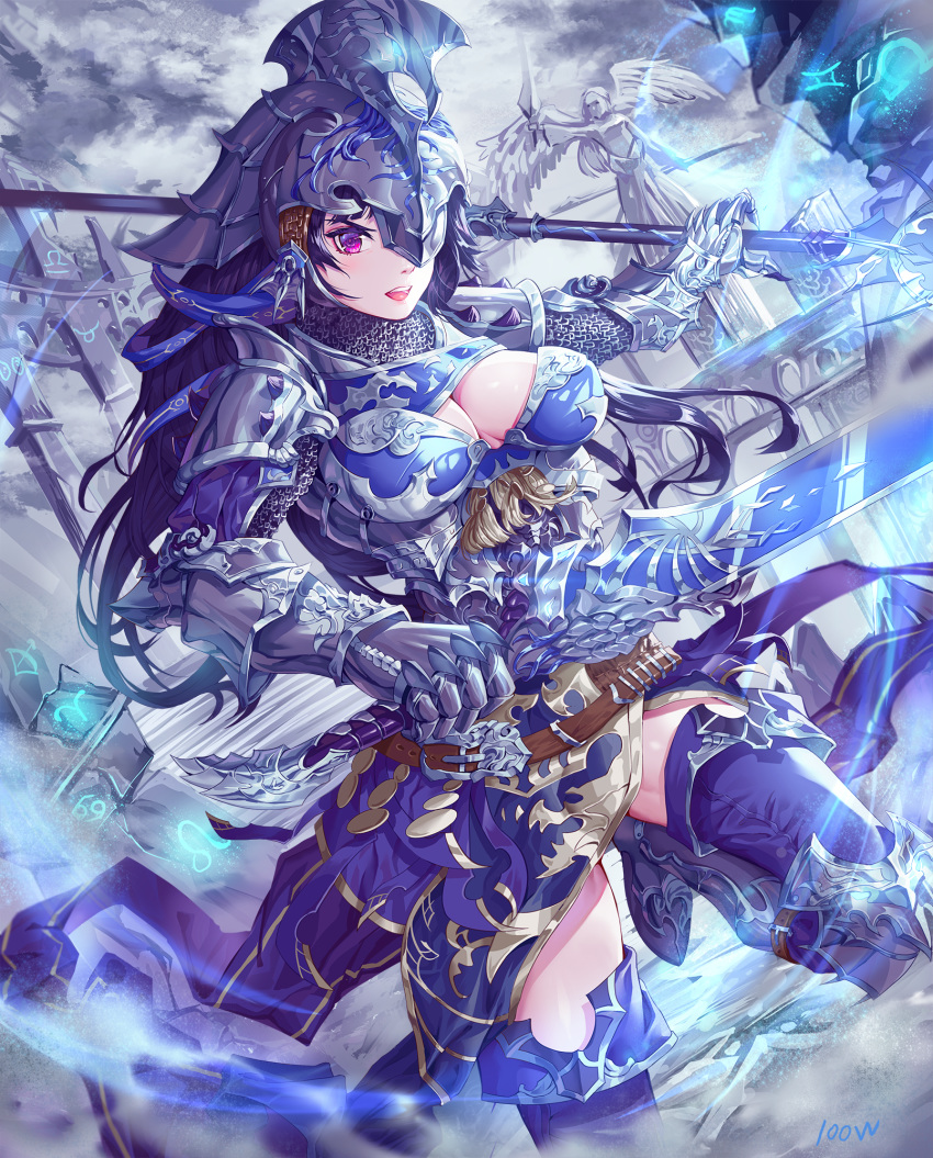 1girl angel_statue armor armored_boots blue_legwear boots breasts cleavage commentary_request cutout full_armor gauntlets hair_ornament headpiece helmet highres holding holding_spear holding_sword holding_weapon large_breasts long_hair looking_at_viewer metal number original polearm purple_eyes purple_hair signature solo spear statue sword thighhighs upper_teeth wangxiii weapon