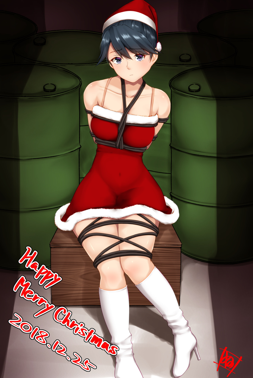 1girl arms_behind_head bdsm black_eyes black_hair bondage boots bound breasts collarbone covered_navel dated dress drum_(container) eyebrows_visible_through_hair hat high_heel_boots high_heels highres houshou_(kantai_collection) kantai_collection knee_boots medium_breasts merry_christmas nori_senbei_(norisenbei_1) red_dress santa_hat short_dress signature solo tied_up