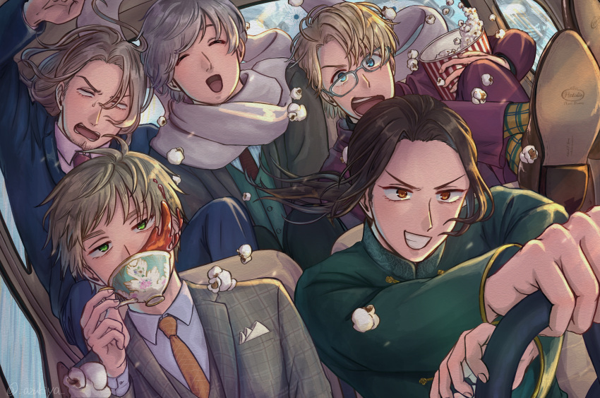 5boys :d ^_^ ^o^ absurdres ahoge america_(hetalia) axis_powers_hetalia blank_eyes blonde_hair blue_eyes brown_eyes brown_hair car car_interior changpao china_(hetalia) chinese_clothes closed_eyes cup driving expressionless feet_up food formal france_(hetalia) glasses grey_hair grin ground_vehicle highres li_chimon_li long_hair male_focus medium_hair motor_vehicle multiple_boys ponytail popcorn russia_(hetalia) scarf smile spilling steering_wheel suit surprised sweatdrop teacup thick_eyebrows united_kingdom_(hetalia) v-shaped_eyebrows vehicle_interior wavy_hair