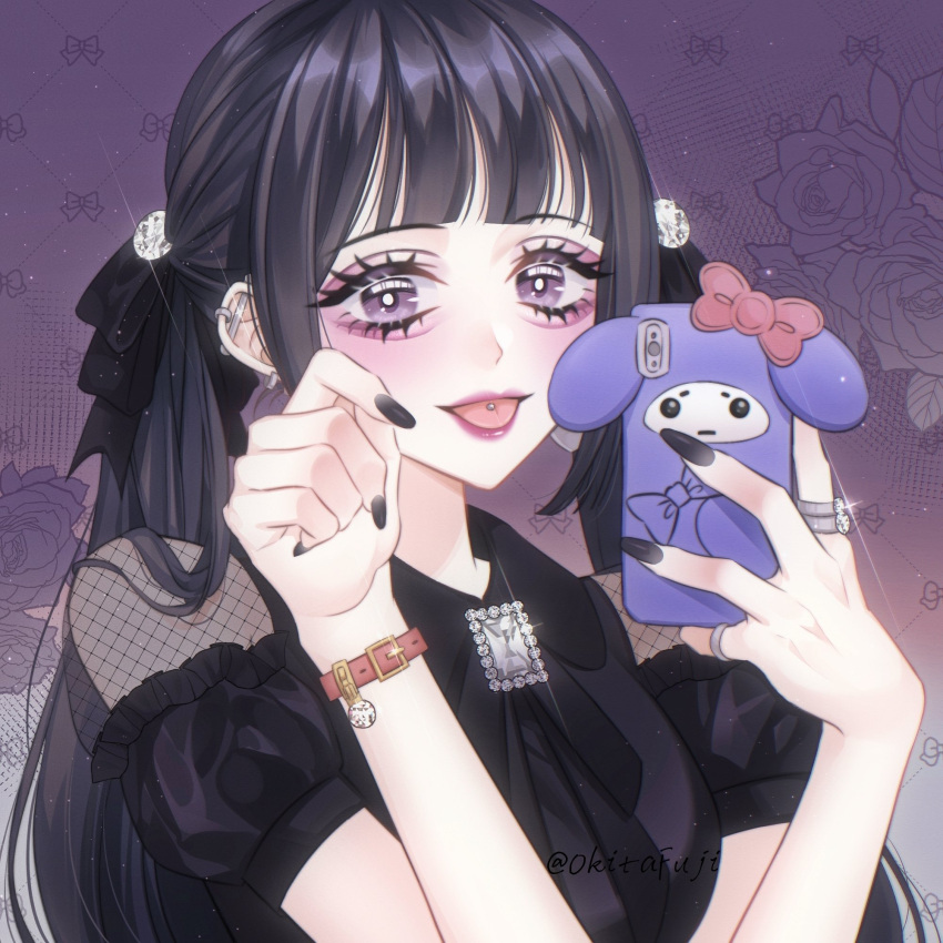 1girl black_hair black_nails black_shirt blouse blush bow bracelet buttons crystal diamond_(gemstone) diamond_button ear_piercing earrings eyeshadow eyeshadow_under_eye fishnet_top fishnets flower gem gothic hair_bow highres jewelry long_hair makeup nail_polish okitafuji phone piercing punk purple_background purple_eyes ring rose sanrio see-through shirt sparkle tongue tongue_out tongue_piercing twintails