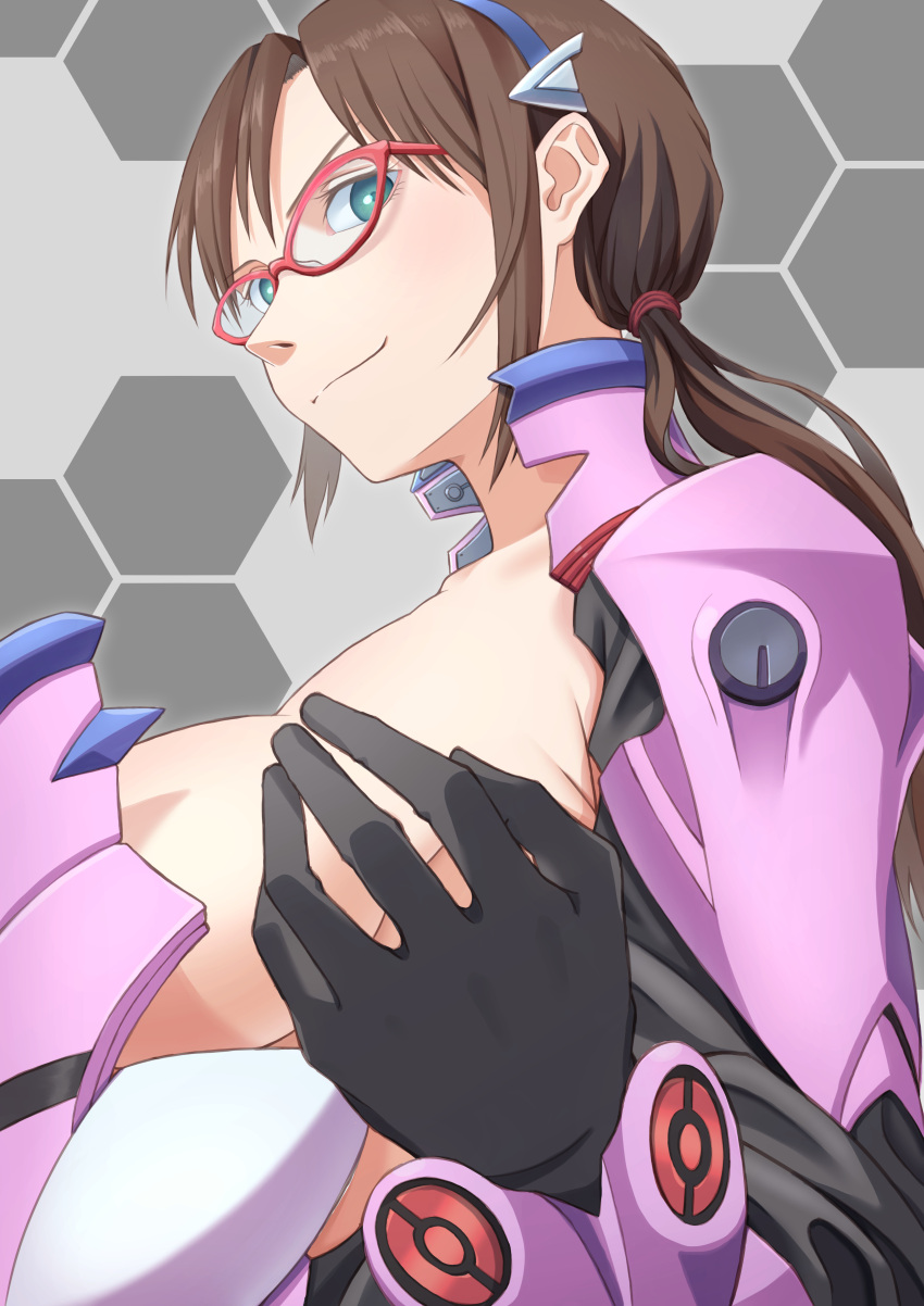 1girl absurdres black_gloves bodysuit breasts brown_hair gloves green_eyes grey_background hair_tie highres honeycomb_(pattern) honeycomb_background interface_headset ka_ki_o large_breasts long_hair looking_at_viewer low_twintails makinami_mari_illustrious neon_genesis_evangelion plugsuit purple_bodysuit rebuild_of_evangelion red-framed_eyewear sideboob sidelocks solo twintails