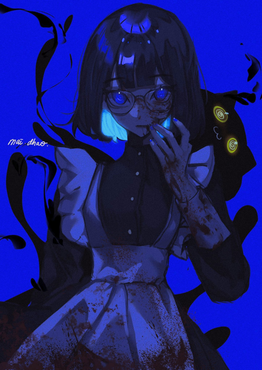 1girl :3 @_@ apron bangs black_hair blood blood_on_clothes blood_on_face blood_on_hands blue_background blue_eyes bob_cut closed_mouth colored_inner_hair cowboy_shot creature creature_on_shoulder eyebrows_behind_hair glasses hand_to_own_mouth hand_up highres light_blue_hair looking_at_viewer maid maid_apron maidhao multicolored_hair on_shoulder original round_eyewear short_hair signature simple_background solo