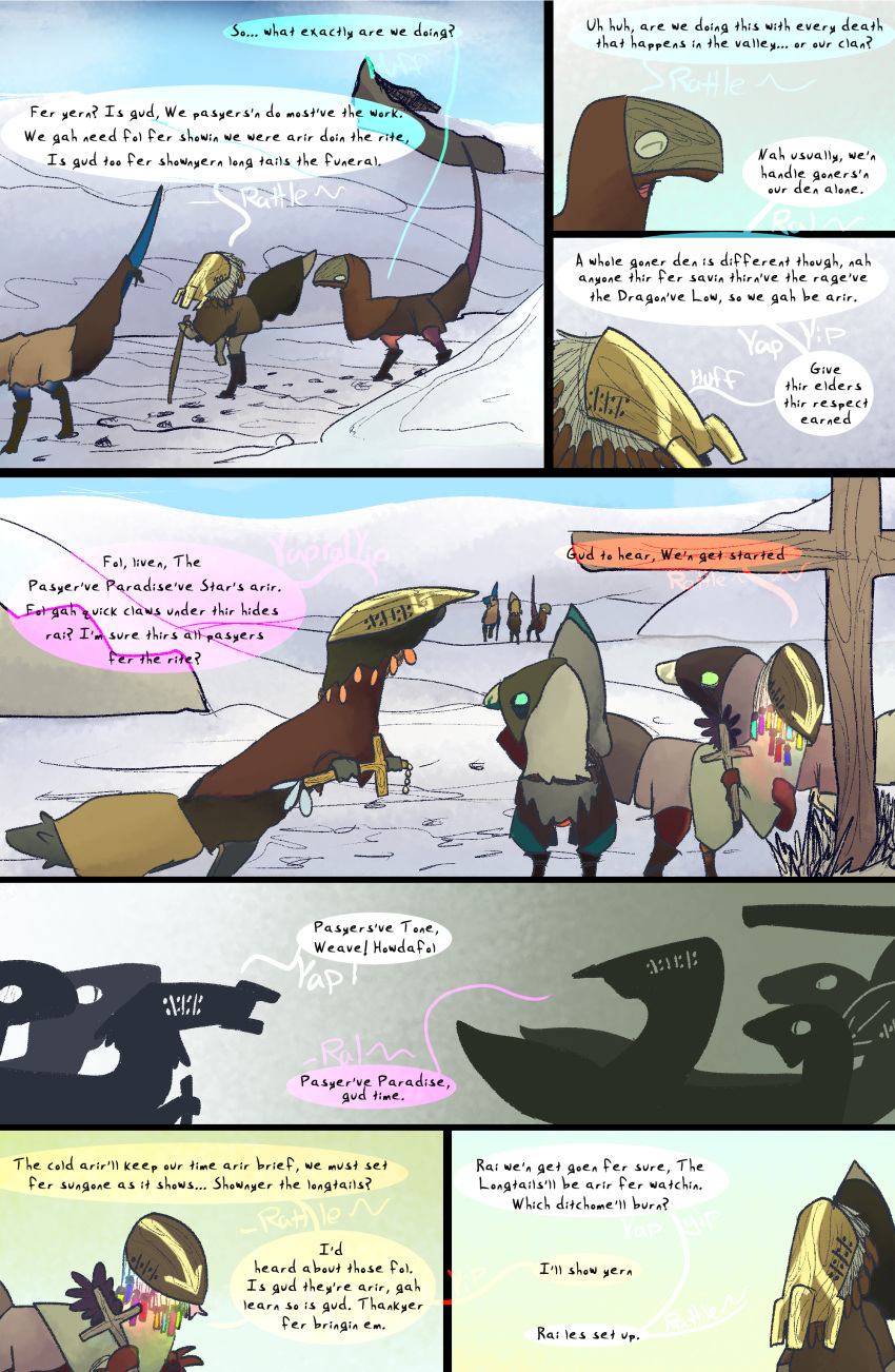 absurd_res ambiguous_gender comic crucifix desert dinosaur dragon dragonscape drekir dromaeosaurid english_text female feral forl_(thepatchedragon) frozen group hi_res male mask oli_(thepatchedragon) post-apocalyptic reptile ritual ruins scalie snow spur_(thepatchedragon) text thepatchedragon theropod tribal tribal_clothing winter winter_clothing