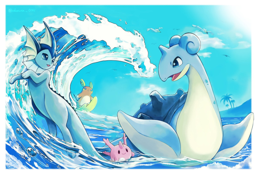 afloat alolan_raichu bird border cloud commentary corsola day highres lapras no_humans ocean okowa_0141 open_mouth outdoors palm_tree pokemon pokemon_(creature) sky smile tongue tree vaporeon water water_drop watermark white_border wingull