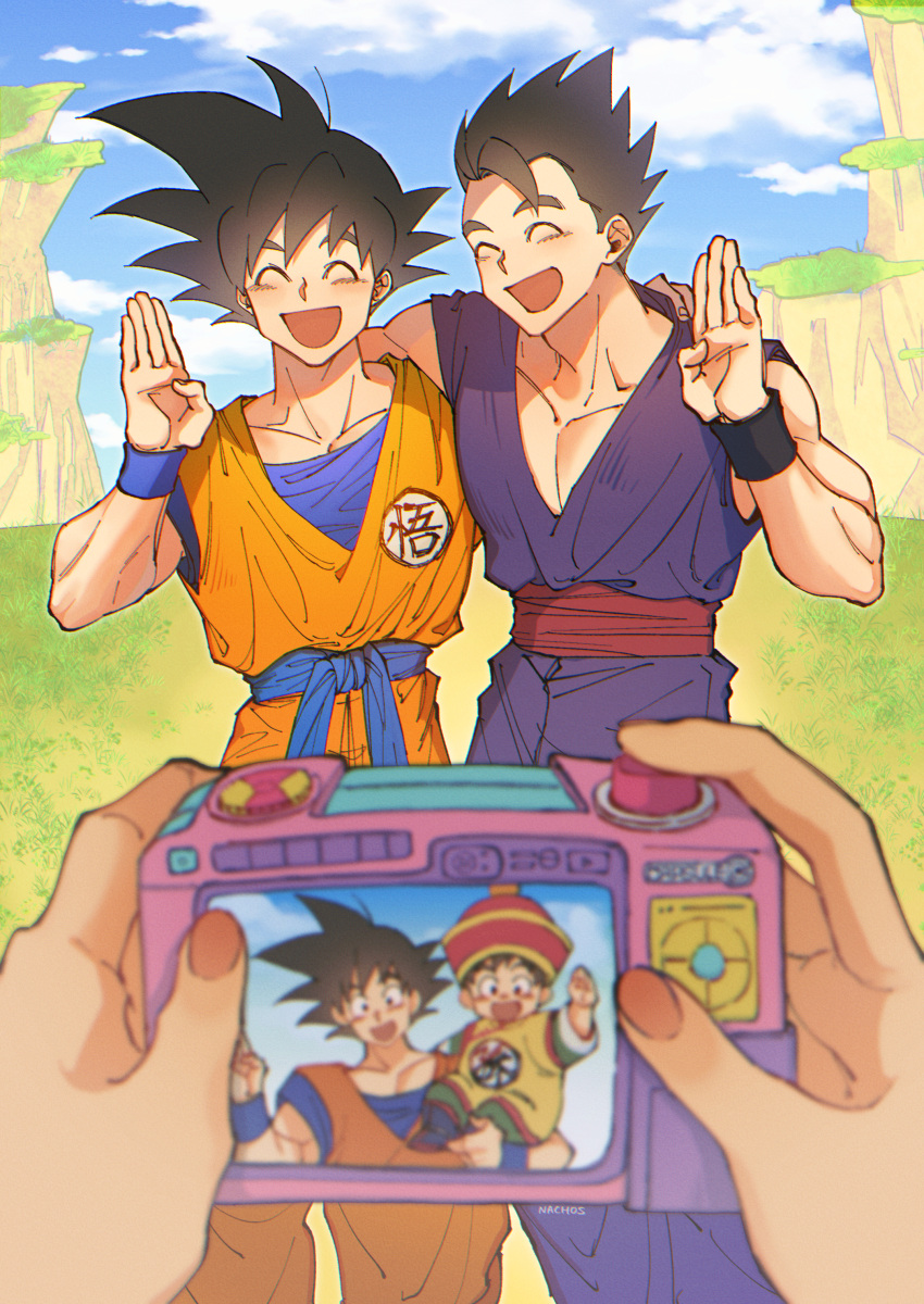 1other 2boys ^_^ absurdres age_comparison black_hair blue_sky camera closed_eyes dougi dragon_ball dragon_ball_z father_and_son highres holding holding_camera male_focus multiple_boys nachos_(chos_na) open_mouth outdoors sky smile son_gohan son_goku taking_picture wristband