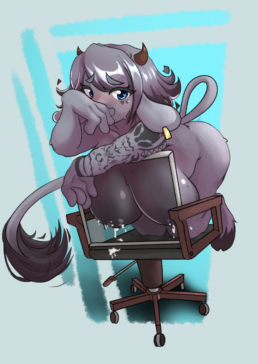 anthro arm_tattoo bent_over big_breasts big_nipples birfthespider blue_eyes blush bodily_fluids bovid bovine breasts cattle chair covering covering_mouth ear_piercing ear_tuft female floppy_ears fur furniture grey_body grey_fur hanging_breasts heart_(marking) hi_res horn kneeling lactating mammal milk milk_drip miravine nipples office_chair piercing raised_tail sagging_breasts solo solo_focus sweat sweatdrop tail_motion tail_tuft tattoo tuft wide_hips