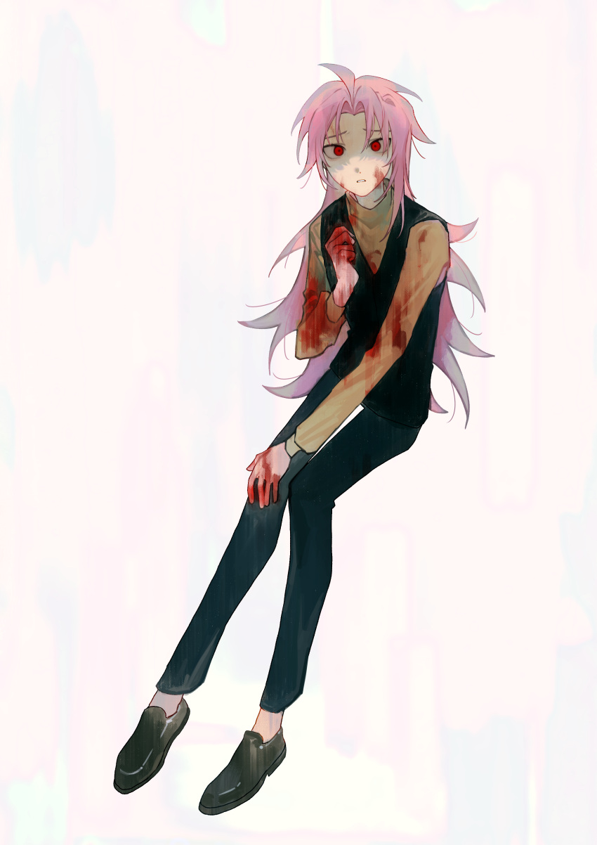 1boy absurdres ahoge black_footwear black_vest blood blood_on_clothes blood_on_face blood_on_hands blue_pants chinese_commentary commentary_request eyebrows_behind_hair hand_on_own_knee hand_up hatsutori_hajime highres kyoko_(akakikyoko) long_hair long_sleeves male_focus no_socks pants parted_lips pink_hair red_eyes saibou_shinkyoku shoes solo sweater turtleneck turtleneck_sweater vest yellow_sweater