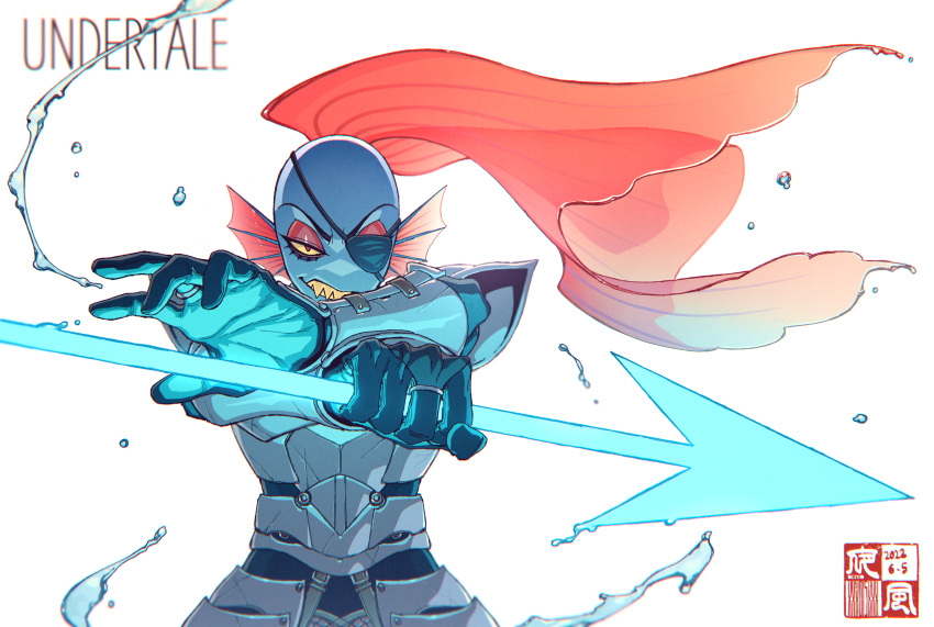 1girl absurdres armor black_gloves blue_skin colored_sclera colored_skin copyright_name dated eyepatch fighting_stance furry gloves grin highres holding holding_polearm holding_weapon monster_girl polearm ponytail red_eyes red_hair sharp_teeth simple_background smile teeth undertale undyne water watermark weapon white_background yellow_sclera yellow_teeth yokaze_(xxxdisxxx)