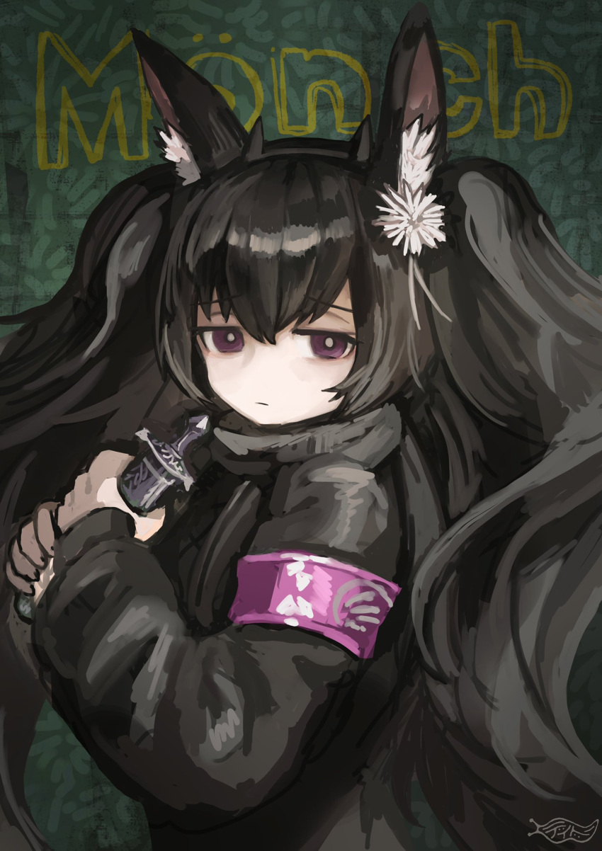 1girl animal_ears arknights armband black_hair black_jacket buchi0122 character_name dagger flower green_background hair_flower hair_ornament highres holding holding_dagger holding_weapon jacket kjerag_logo knife long_hair long_sleeves looking_at_viewer monch_(arknights) purple_eyes solo twintails upper_body very_long_hair weapon white_flower
