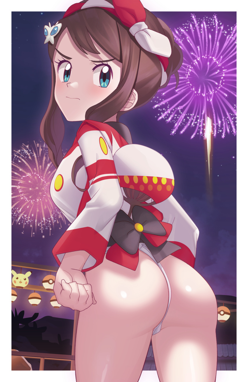 1girl ass border bow_hairband brown_hair closed_mouth commentary_request eyelashes fireworks frown gazing_eye green_eyes hairband highres hilda_(pokemon) jacket looking_back night official_alternate_costume outdoors pikachu poke_ball_print pokemon pokemon_(game) pokemon_masters_ex sidelocks sky solo themed_object white_border white_jacket