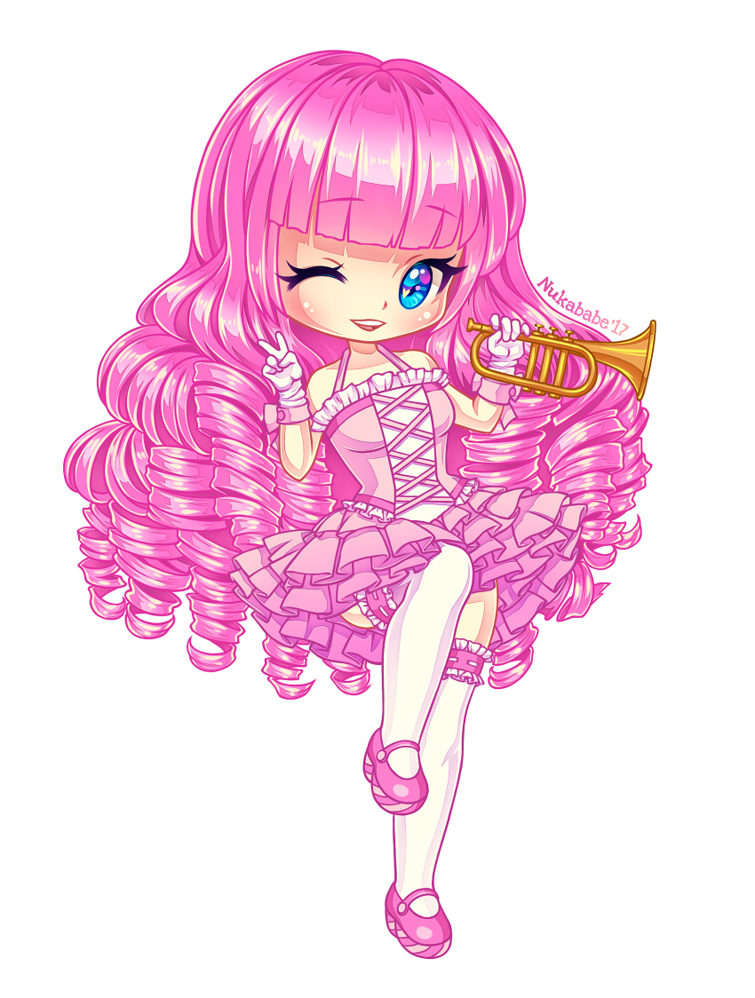 1girl bangs blue_eyes border chibi corset dress frills highres humanization instrument kneehighs mary_janes miniskirt my_little_pony my_little_pony_friendship_is_magic nukababe one_eye_closed pink_dress pink_footwear pink_hair pinkie_pie ringlets shoes short_dress skirt socks solo transparent_background trumpet v