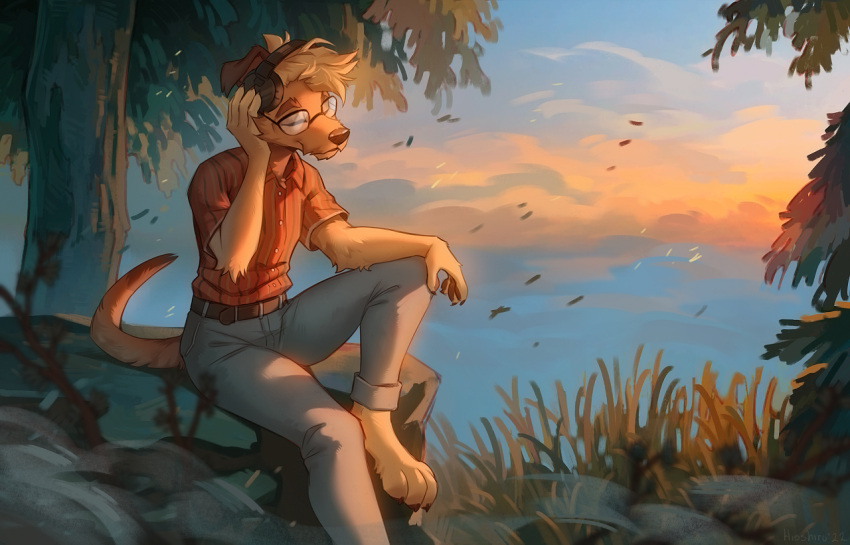 2022 4_fingers 4_toes anthro canid canine canis clothed clothing day detailed_background digital_media_(artwork) domestic_dog eyes_closed eyewear feet fingers glasses gras headphones hioshiru male mammal outside sitting sky smile solo toes