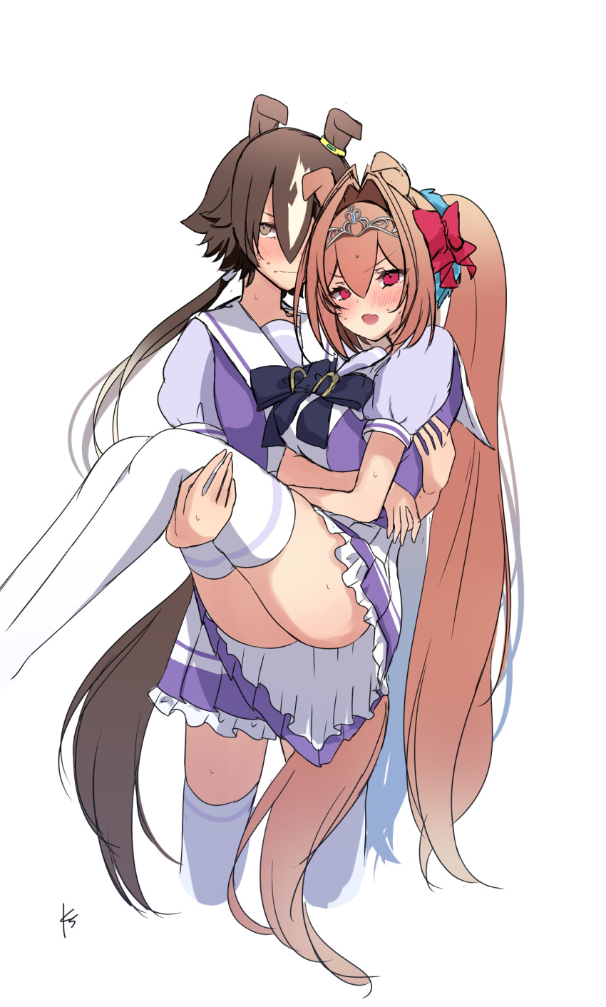 2girls animal_ears arms_under_breasts bangs blush brown_hair carrying closed_mouth cropped_torso daiwa_scarlet_(umamusume) ears_down fang hair_intakes highres horse_ears horse_girl horse_tail long_hair long_sleeves looking_at_viewer medium_hair multiple_girls open_mouth poco. ponytail princess_carry purple_shirt red_hair sailor_collar school_uniform shirt signature skin_fang skirt standing sweat tail thighhighs thighs tiara tracen_school_uniform umamusume vodka_(umamusume) wavy_mouth white_background white_skirt yuri