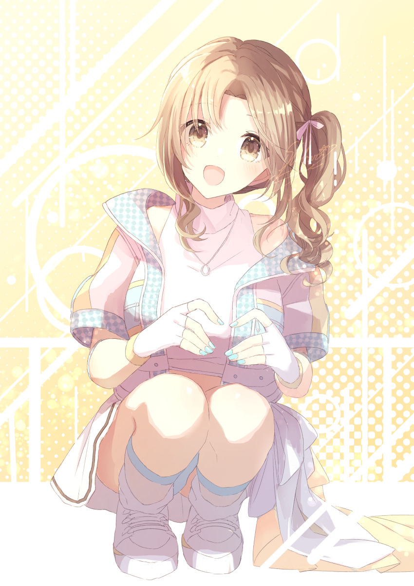1girl absurdres blue_nails brown_eyes brown_hair commentary_request fingerless_gloves gloves hair_ribbon highres ichikawa_hinana idol_clothes idolmaster idolmaster_shiny_colors jewelry long_hair looking_at_viewer nail_polish necklace open_mouth ribbon shiohari_kanna short_sleeves side_ponytail solo squatting turtleneck