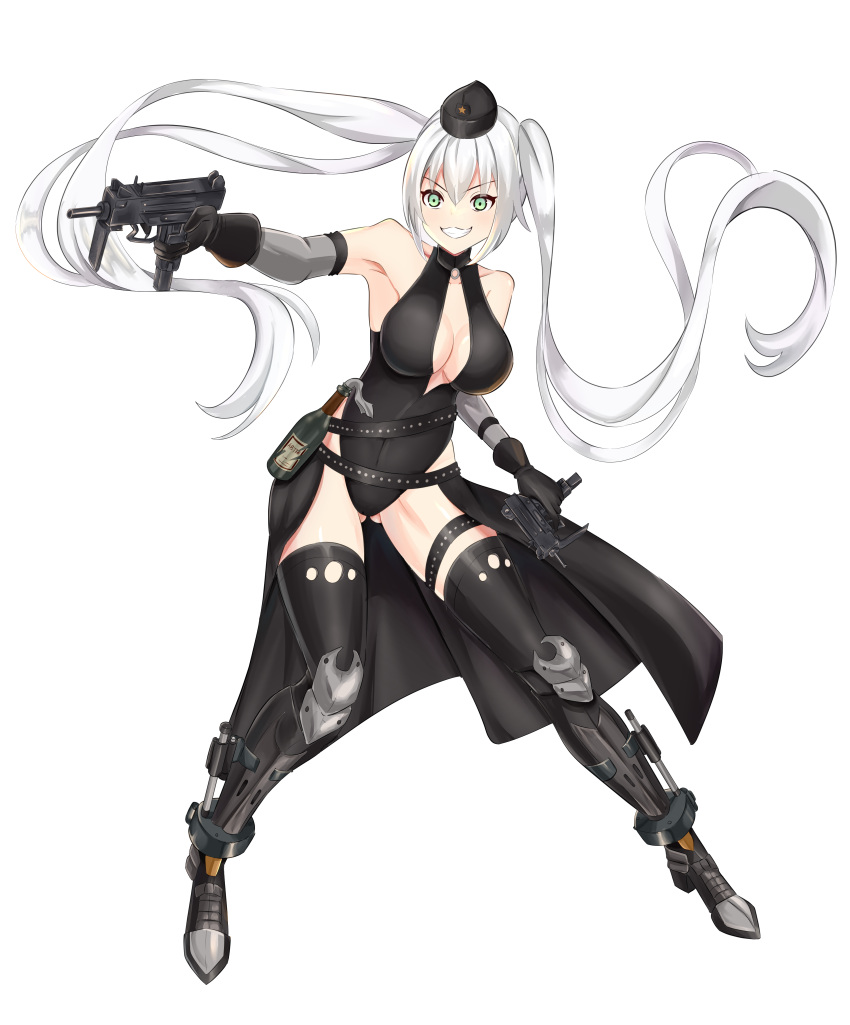 &gt;:) 1girl absurdres alternate_costume alternate_hair_color armpits ass_visible_through_thighs black_gloves black_legwear black_leotard bottle breasts cleavage cleavage_cutout clothing_cutout commentary_request covered_navel dark_persona detached_sleeves dual_wielding finger_on_trigger full_body girls'_frontline gloves green_eyes grin gun hat highres hip_strap holding holding_gun holding_weapon imi_uzi large_breasts leotard micro_uzi_(girls'_frontline) molotov_cocktail mutugorou_u sangvis_ferri showgirl_skirt simple_background smile solo submachine_gun thighhighs v-shaped_eyebrows weapon white_background white_hair
