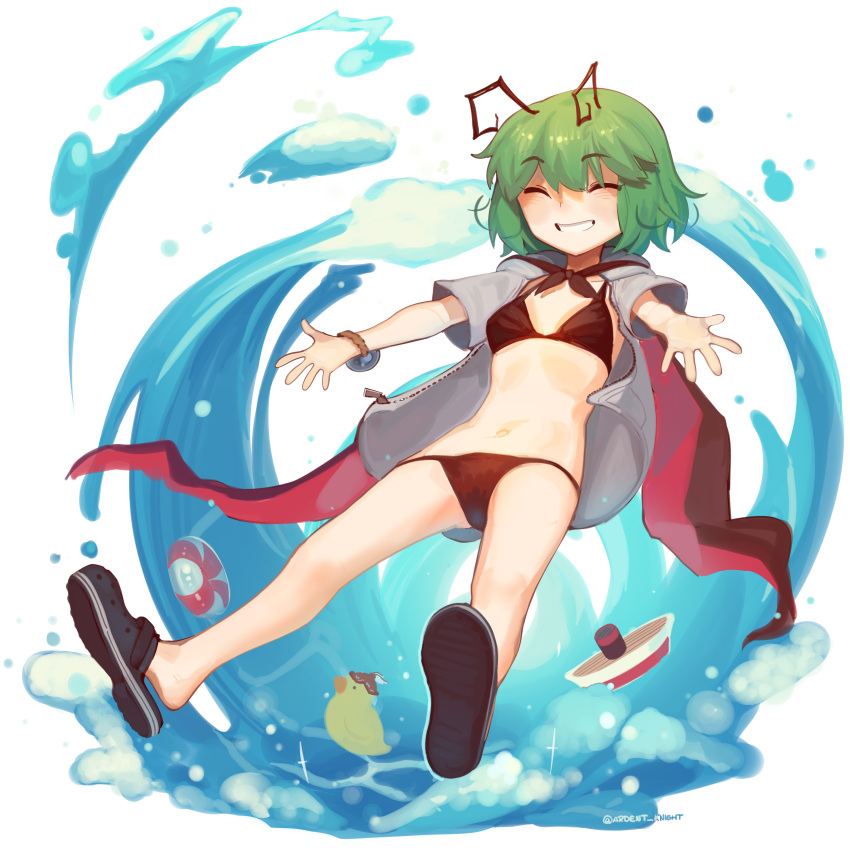 1girl ^_^ absurdres bangs bikini black_bikini black_cape black_footwear boa_(brianoa) boat breasts buoy cape closed_eyes facing_viewer full_body green_hair grin highres mystia_lorelei mystia_lorelei_(bird) navel open_clothes open_shirt rubber_duck shirt short_hair small_breasts smile solo swimsuit touhou watercraft white_shirt wriggle_nightbug