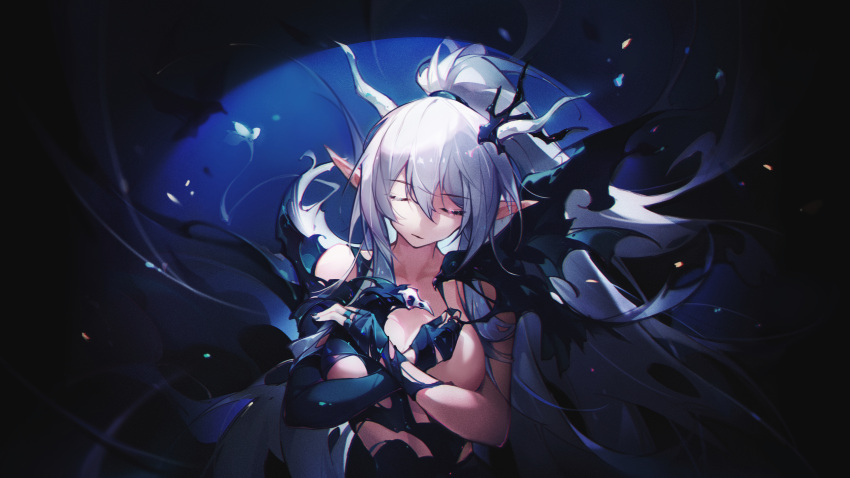 1girl absurdres animal_on_head arknights bird bird_on_head black_gloves blue_theme breasts bukui_shi_wo closed_eyes crow demon_horns facing_viewer gloves grey_hair hair_between_eyes highres horn_ornament horns long_hair on_head pointy_ears ponytail shining_(arknights) solo topless upper_body