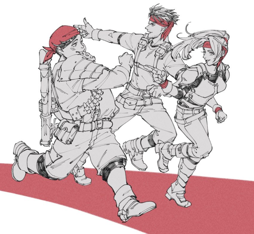 1girl 2boys armor bandana bangs belt biggs_(ff7) black_hair black_shirt blush boots breastplate final_fantasy final_fantasy_vii final_fantasy_vii_remake finger_gun fingerless_gloves food food_in_mouth full_body gloves headband highres holster jessie_rasberry long_sleeves medium_hair monochrome multiple_belts multiple_boys oimo_(oimkimn) one_eye_closed open_mouth pants parted_bangs pizza pointing ponytail red_bandana red_headband running shirt short_hair shoulder_armor sleeves_rolled_up smile spot_color t-shirt thigh_holster weapon weapon_on_back wedge_(ff7) white_background