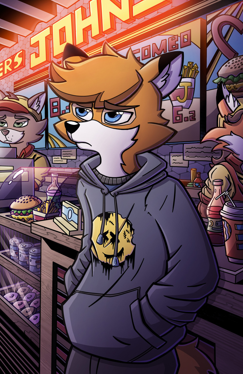 absurd_res anthro canid canine clothing detailed_background fox fur grey_clothing hair hand_in_pocket hi_res hoodie mad_fox male mammal orange_body orange_fur orange_hair pockets solo todd_cooper topwear