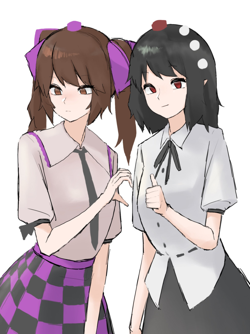 absurdres black_hair black_ribbon black_skirt brown_eyes brown_hair checkered_clothes checkered_skirt collared_shirt hat heart_hands_failure highres himekaidou_hatate mori_dobonua_(mordvna) pom_pom_(clothes) red_eyes ribbon shameimaru_aya shirt short_hair short_sleeves skirt tengu thumbs_up touhou twintails white_shirt