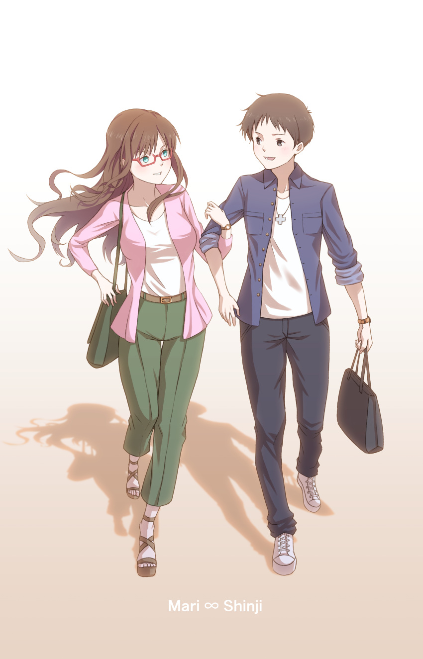 1boy 1girl absurdres arm_grab bag belt black_eyes black_pants blue_eyes blue_jacket blush breast_pocket breasts brown_hair casual cross cross_necklace evangelion:_3.0+1.0_thrice_upon_a_time green_pants handbag highres ikari_shinji jacket jewelry ka_ki_o long_hair looking_at_another makinami_mari_illustrious medium_breasts necklace neon_genesis_evangelion pants pink_jacket pocket rebuild_of_evangelion semi-rimless_eyewear shirt shoes short_hair smile sneakers teeth under-rim_eyewear watch white_background white_shirt wristwatch