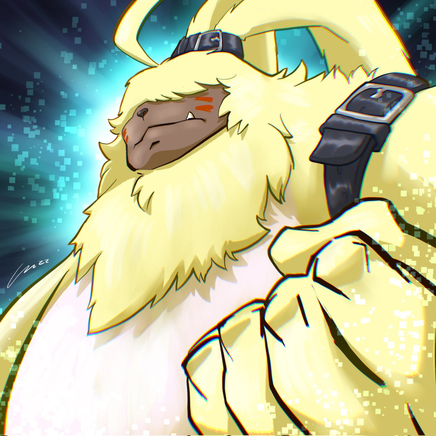 angoramon angry anthro bandai_namco carloromero digimon digimon_(species) digimon_ghost_game fist fur hair hair_over_eyes hi_res lagomorph leporid long_ears male mammal ponytail_ears rabbit solo yellow_body yellow_fur