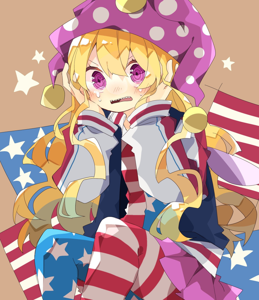 1girl @_@ american_flag_dress american_flag_legwear bangs blonde_hair blue_jacket blush clownpiece commentary crying feet_out_of_frame hands_on_own_face hat highres jacket jester_cap long_hair long_sleeves looking_at_viewer multicolored_clothes multicolored_jacket nikorashi-ka one-hour_drawing_challenge open_clothes open_jacket open_mouth purple_eyes purple_headwear red_jacket sharp_teeth sitting solo star_(symbol) teeth touhou white_jacket