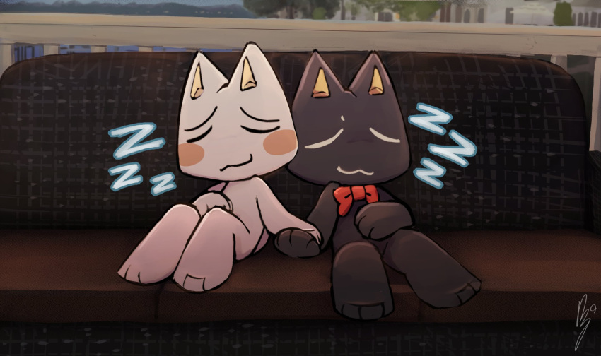 2022 3_fingers 3_toes ambiguous/ambiguous ambiguous_gender anthro biped black_body black_fur blush blush_stickers bobtail_cat bow_ribbon bow_tie chair chibi daww detailed_background digital_media_(artwork) doko_demo_issho domestic_cat duo eyebrows eyes_closed feet felid feline felis fingers fur furniture hand_holding hand_on_stomach handpaw hi_res hindpaw inside japanese_bobtail kuro_(doko_demo_issho) mammal monotone_body monotone_fur paws red_bow red_ribbon romantic romantic_couple shaded shadow signature sitting sleeping smile sony_corporation sony_interactive_entertainment sound_effects tan_inner_ear toes toro_inoue video_games white_body white_fur wolfaroonii zzz