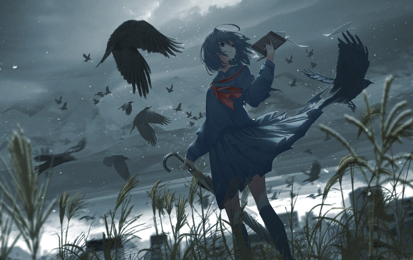 1girl ahoge bangs bird black_bird black_legwear blue_eyes blue_hair blue_sailor_collar blue_shirt blue_skirt blurry blurry_background blurry_foreground book building character_request chocoshi cloud cloudy_sky commentary copyright_request crow english_commentary eyebrows_behind_hair feet_out_of_frame grey_background hair_between_eyes hand_up highres holding holding_book holding_umbrella kneehighs long_sleeves medium_hair neckerchief paper red_neckerchief sailor_collar school_uniform shirt skirt sky sleeves_past_wrists socks solo standing too_many too_many_birds umbrella wheat wheat_field white_sky wind