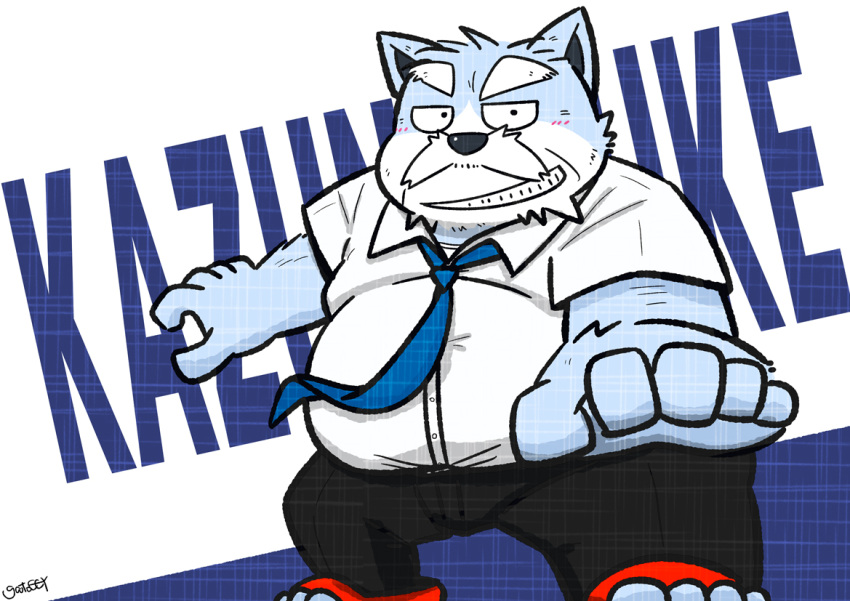 2022 anthro belly big_belly black_nose blue_body bottomwear canid canine canis clothing domestic_dog gatoggy humanoid_hands kemono male mammal mature_male necktie overweight overweight_male pants shirt solo topwear white_body