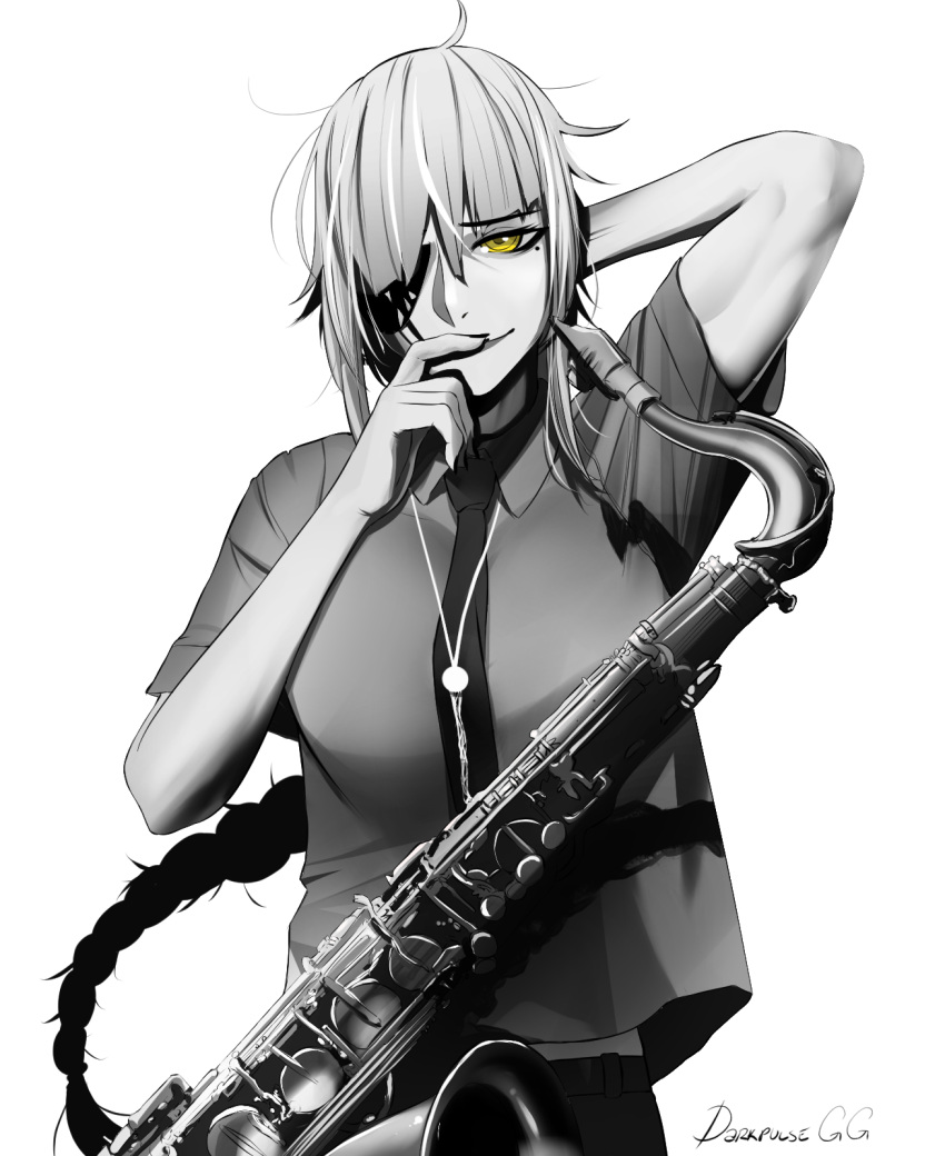 1girl arm_behind_head artist_name bangs braid braided_ponytail closed_mouth darkpulsegg english_commentary eyepatch finger_to_mouth girls'_frontline greyscale hair_between_eyes highres holding holding_instrument instrument lips long_hair looking_at_viewer m16a1_(girls'_frontline) mole mole_under_eye monochrome necktie pants saxophone shirt short_sleeves solo upper_body white_background yellow_eyes