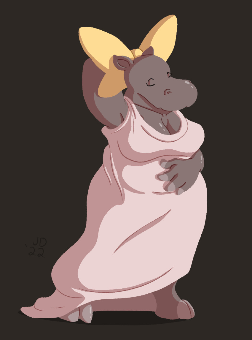 anthro big_bow big_breasts breasts chubby_female cleavage clothed clothing common_hippopotamus eyes_closed female hand_behind_head hand_on_stomach hi_res hippo_model hippopotamid jared_dillon lineless link's_awakening mammal pose slightly_chubby solo