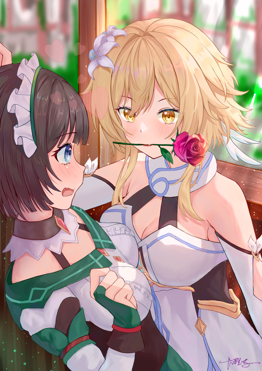 2girls absurdres black_hair blonde_hair blue_eyes blurry blurry_background blush breasts cleavage detached_collar detached_sleeves dress embarrassed eye_contact fang feather_hair_ornament feathers fingerless_gloves flower flower_in_mouth genshin_impact gloves green_dress green_gloves hair_flower hair_ornament highres kabedon katheryne_(genshin_impact) looking_at_another lumine_(genshin_impact) maid_headdress medium_breasts mouth_hold multiple_girls muyuchengfengyh red_flower red_rose rose scarf short_hair_with_long_locks signature skin_fang two-tone_dress white_dress white_flower white_scarf white_sleeves yellow_eyes