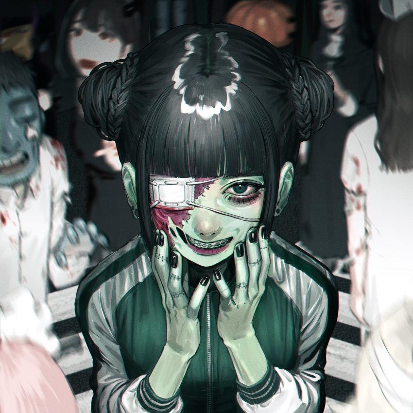 1boy 5girls bangs black_eyes black_hair black_jacket blood blood_on_clothes blunt_bangs blurry blurry_background braces colored_skin daikon_(tomohiro158) double_bun earrings eyepatch fingernails grey_skin habit hair_bun hands_on_own_cheeks hands_on_own_face highres horror_(theme) jacket jewelry long_hair long_sleeves looking_at_viewer looking_away medical_eyepatch multiple_girls nail_polish one_eye_covered open_mouth original pumpkin_hat shiny shiny_hair short_hair smile solo_focus stitched_face stitches striped striped_jacket teeth upper_body white_stripes zombie