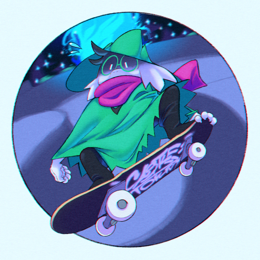 2022 anthro blurred_background bodily_fluids border bottomwear bovid caprine cloak clothed clothing crouching cynicallysly darkner deltarune english_text eyewear feet fingers foot_wraps fully_clothed fur furgonomics glasses goat hat headgear headwear hi_res horn male mammal midair pants ralsei scarf shadow skateboard skateboarding solo sweat sweatdrop text toes tuft undertale_(series) video_games white_body white_border white_fur wizard_hat wraps