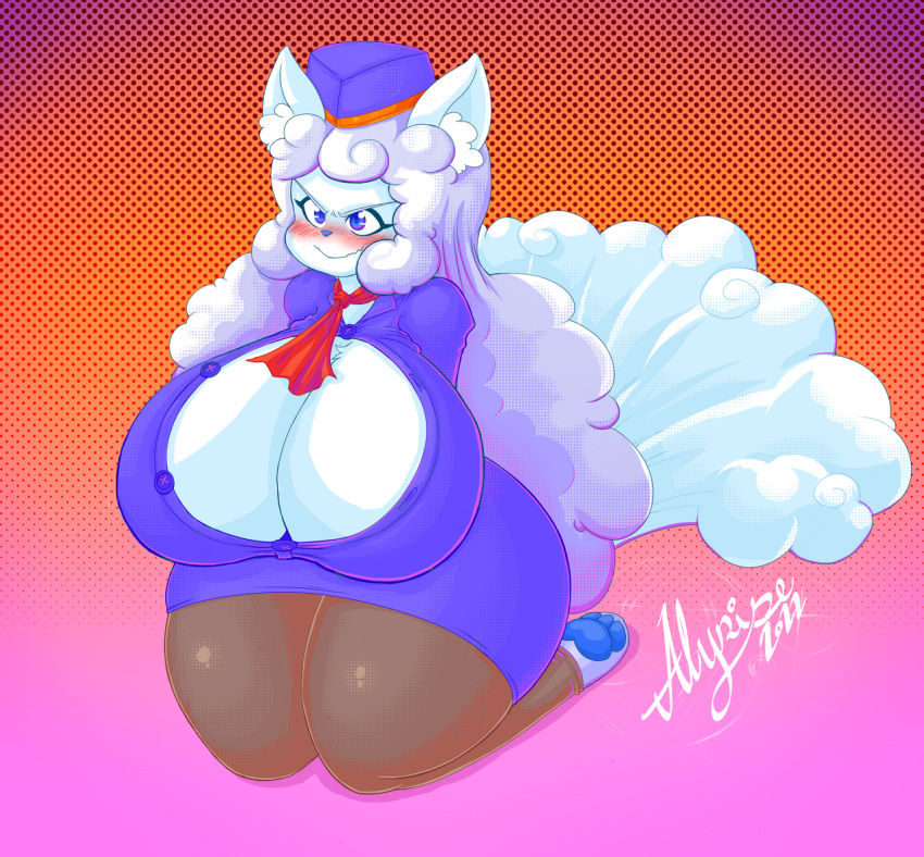 2022 abstract_background alolan_form alolan_vulpix alyrise annoyed anthro barefoot big_breasts blue_eyes blush bottomwear breasts canid canine cleavage clothed clothing curvy_figure dress_shirt feet female flight_attendant fluffy fluffy_hair fluffy_tail fur grimace hair hat headgear headwear huge_breasts hyper hyper_breasts inner_ear_fluff kneeling lavender_hair legwear mammal neckerchief nintendo pawpads paws pok&eacute;mon pok&eacute;mon_(species) regional_form_(pok&eacute;mon) shirt skirt solo stockings thick_thighs topwear tuft unbuttoned_shirt video_games voluptuous white_body white_fur white_hair wide_hips