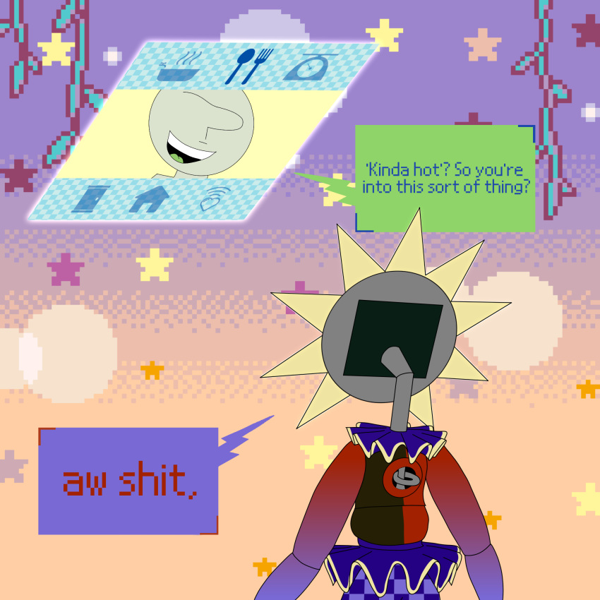 1:1 2022 ambiguous_gender animatronic anon bottomwear checkered_clothing clipper_(gaytrac3r) clothed clothing dancewear daycare_attendant_(fnaf) dialogue digital_drawing_(artwork) digital_media_(artwork) duo eclipse_(fnaf) english_text five_nights_at_freddy's five_nights_at_freddy's:_security_breach for_a_head gaytrac3r green_tongue hi_res humanoid machine male not_furry object_head pants pattern_clothing purple_bottomwear purple_clothing purple_pants robot robot_humanoid ruff_(clothing) scottgames skirt slightly_chubby slightly_chubby_male speech_bubble tamagotchi text tongue tutu video_games weight_gain