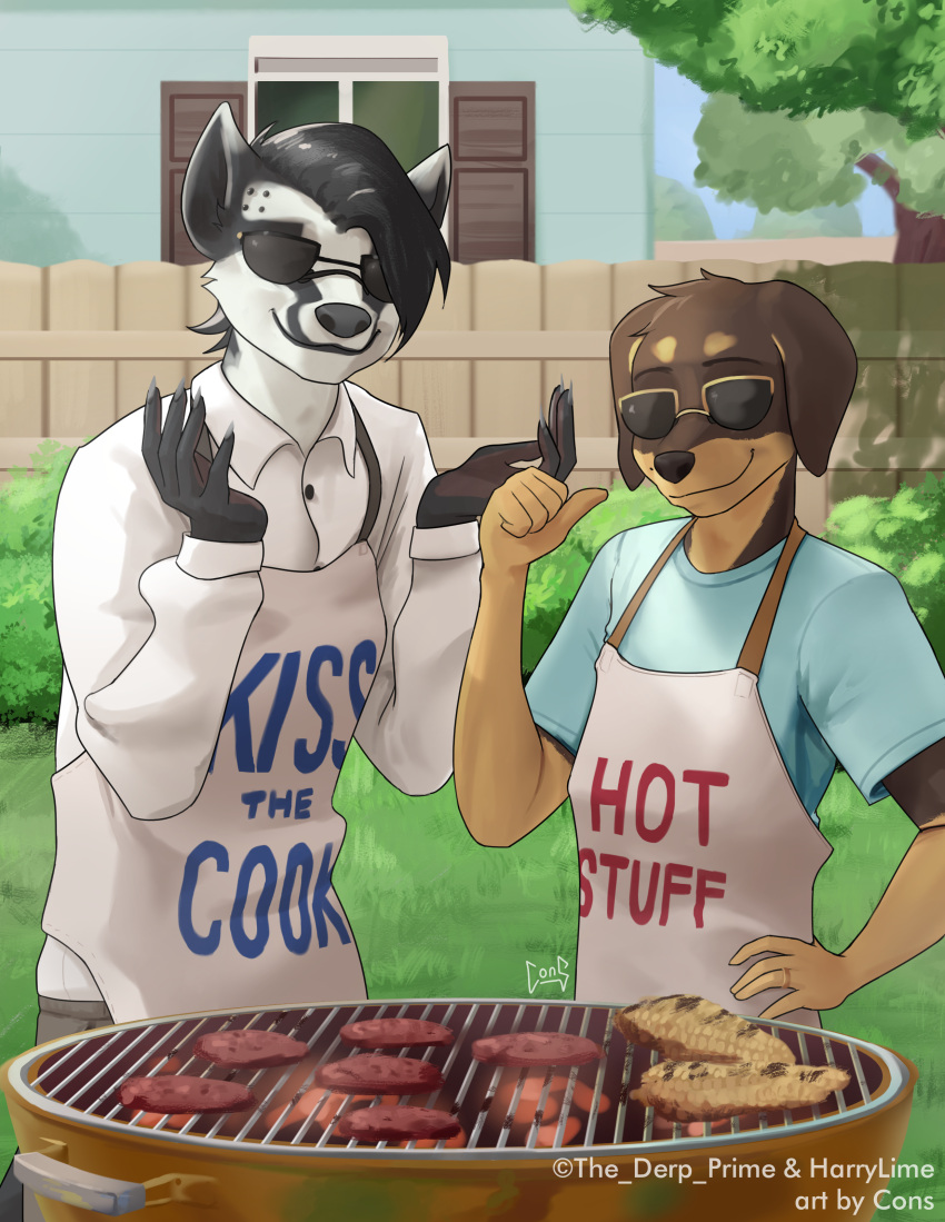 absurd_res anthro apron backyard barbecue building canid canine canis clothing consigspartan daniel_porter digit_ring dobermann domestic_dog dress_shirt duo eyewear fence grass grill hi_res house jewelry male male/male mammal nintendo obstagoon pinscher plant pok&eacute;mon pok&eacute;mon_(species) ring shirt size_difference slice_of_life sunglasses t-shirt topwear tree video_games wedding_ring window