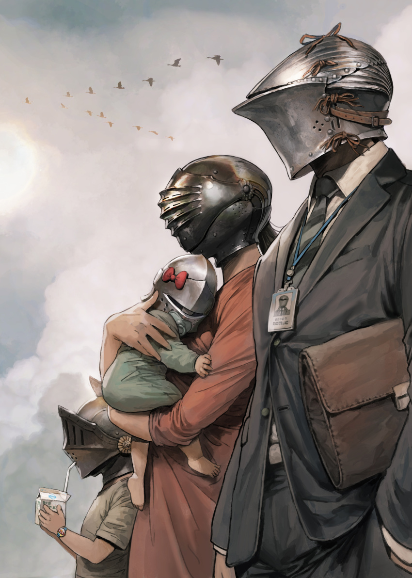 2boys 2girls absurdres arm_at_side armor baby bag bird black_hair black_necktie black_suit bow child cloud cloudy_sky drinking drinking_straw female_child flock flying formal goose grey_sky hand_in_pocket handbag helm helmet highres holding_baby juice_box long_sleeves male_child multiple_boys multiple_girls name_tag necktie original outdoors pacifier ponytail red_bow shirt short_sleeves sky standing suit t-shirt tahra watch wristwatch